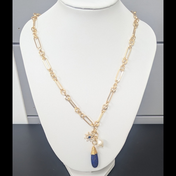 Blue Lapis Lazuli Pendant Necklace Gold Paperclip Chain Pearl & Starburst Accent - Picture 4 of 8